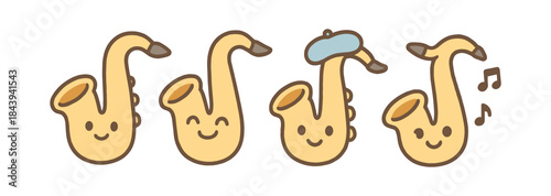 Cute cartoon saxophones: playful musical instruments with smiling faces
