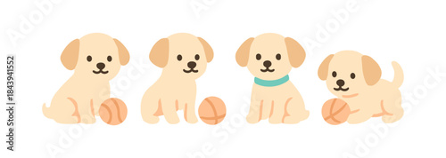 Cute cartoon puppies playing with balls in minimalist style