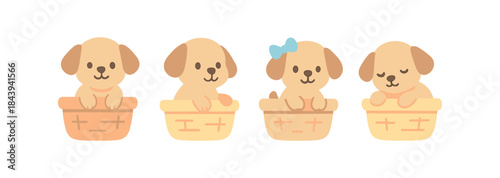 Cute puppies in baskets with pastel colors and adorable expressions