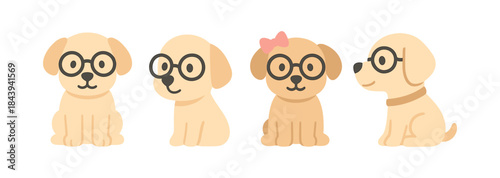 Adorable cartoon puppies with glasses and bow on white background
