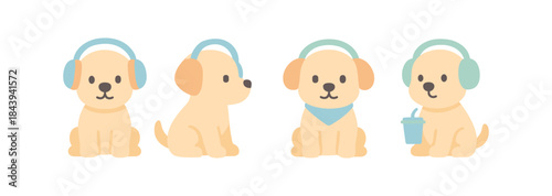 Cute puppies with headphones and accessories in a modern flat style