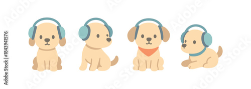 Cute puppies with headphones and bandanas in flat style
