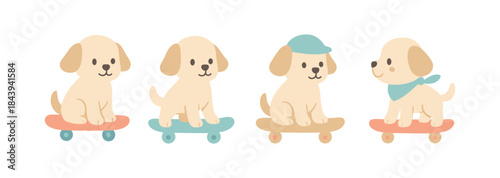 Cute cartoon puppies on skateboards with colorful accessories