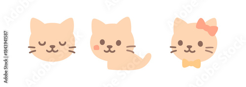Cute minimalist kawaii cat faces with bow and whiskers