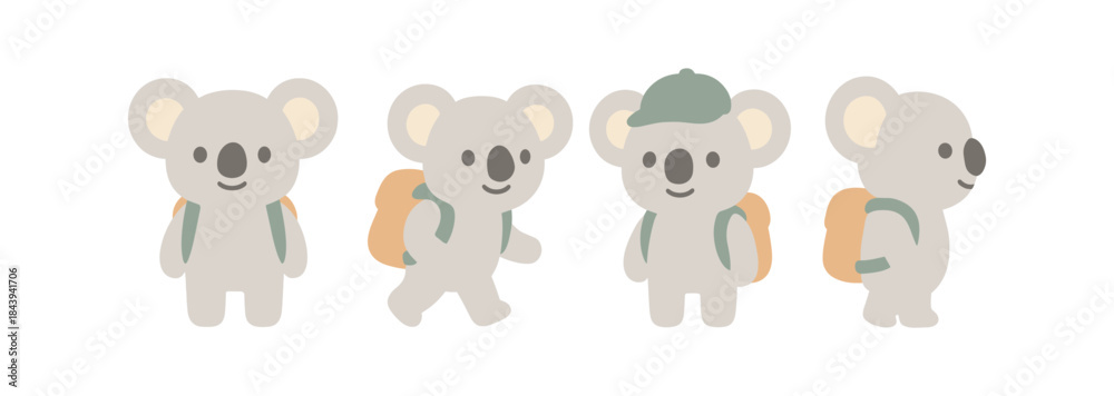 Obraz premium Cute koala characters with backpacks in flat style for kids' designs