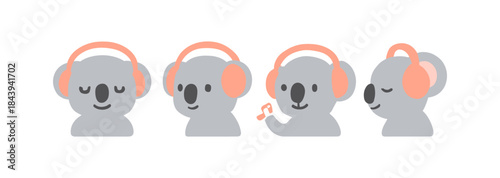 Cute koalas with headphones listening to music in flat design