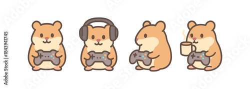 Cute cartoon hamsters gaming with controllers and headphones