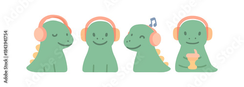 Cute dinosaurs listening to music with headphones in flat style