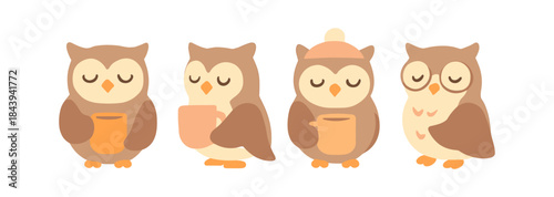 Cute cartoon owls with coffee cups in cozy brown shades on a white background