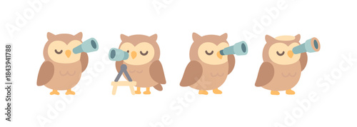 Cute owls using telescopes: charming cartoon character set for nature observation