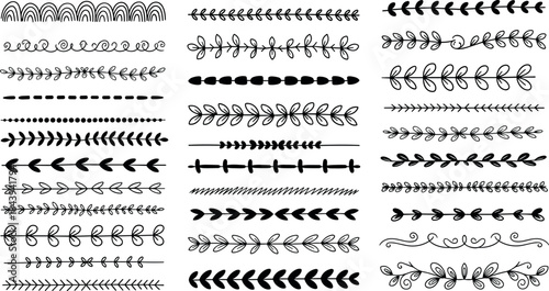 Hand drawn decorative dividers and separators, black and white illustration set