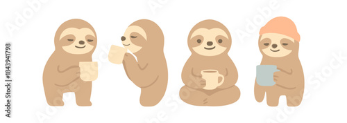 Adorable cartoon sloths enjoying coffee in cozy minimalist style