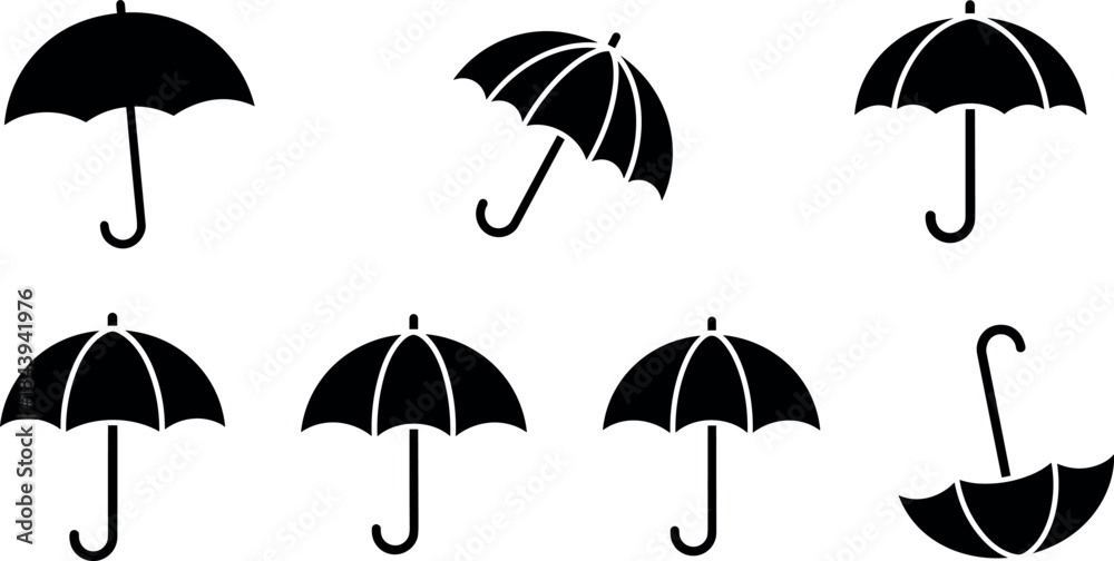 Obraz premium Black umbrella icons in various positions and styles on white background