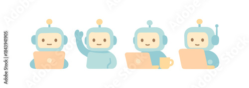 Cute robots engaging in work and communication activities on laptops
