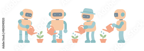 Cute robots nurturing plants in minimalist style