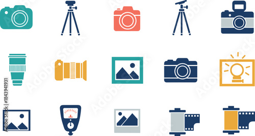 Photography icons and symbols for editing, cameras, and equipment