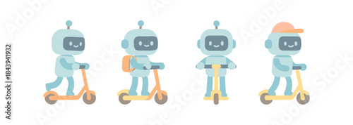 Cute robot characters riding scooters in minimalist flat design
