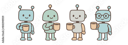 Cute robot characters enjoying coffee in pastel tones