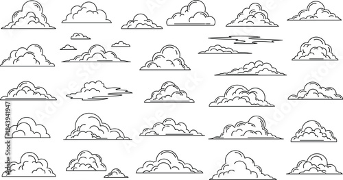 Various cartoon cloud shapes and designs in black lines on white background