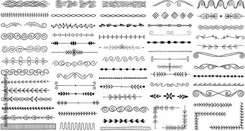 Collection of various black line art dividers and swirls on white background