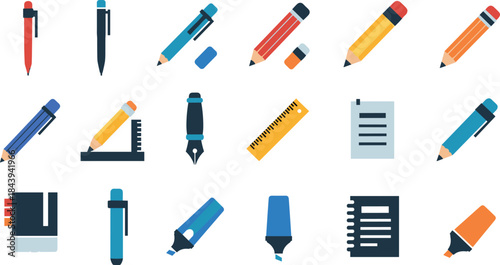 Colorful illustration of various stationery items and school supplies on white background