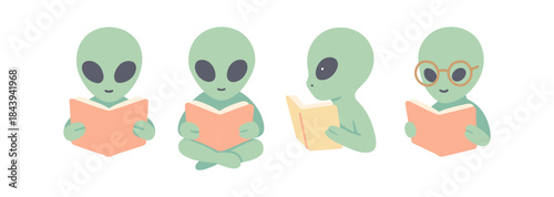 Cute cartoon aliens reading books: whimsical green characters with glasses and books