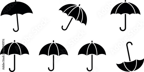 Black umbrella icons in various positions and styles on white background