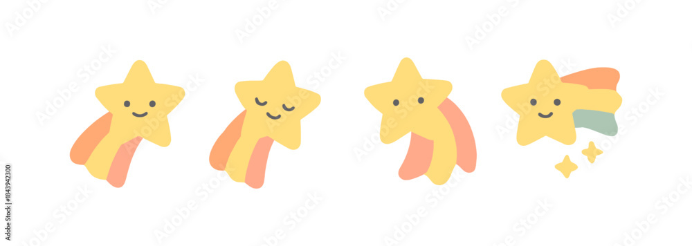 Obraz premium Cute kawaii shooting stars with smiling faces and colorful trails