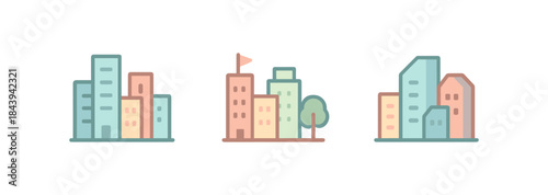 Contemporary pastel urban buildings collection with minimalist line art