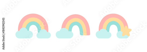 Pastel rainbow icons with clouds and stars in flat minimalist style