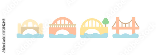Collection of colorful flat bridges over water in minimalist design