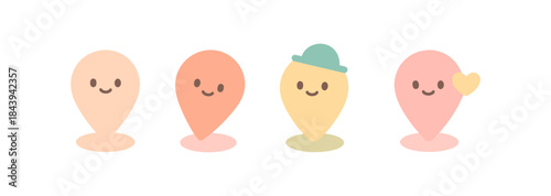 Cute kawaii style smiling location pins with faces and accessories