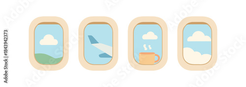 Flat style airplane window views with sky and clouds
