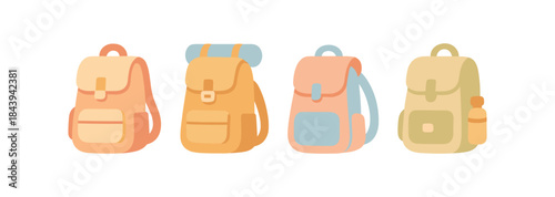 Colorful backpack collection in minimalist flat design for outdoor adventures