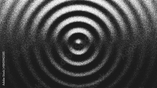 Stippling artwork with concentric circles geometry expand in rhythmic harmony. Ripple pattern made from countless dots creating illusion of light and shadow. Dynamic illusion of sound waves. Vector