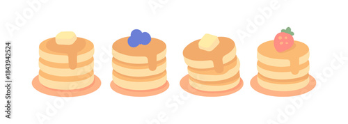 Colorful pancake stack variations with butter and fruit toppings