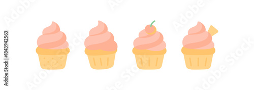 Cute minimalist cupcake icons with pink frosting and toppings