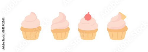 Collection of cute pastel cupcakes with toppings on white background