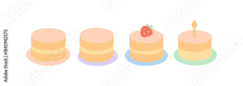 Minimalist pastel cake variations with strawberry and candle details