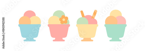 Minimalist pastel ice cream cups with colorful scoops and decorations