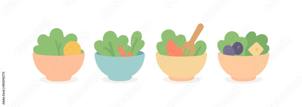 Fototapeta premium Colorful bowls of fresh salad with vegetables in flat style