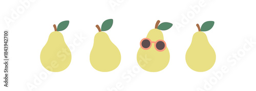 Cute minimal pears with one in sunglasses against white background