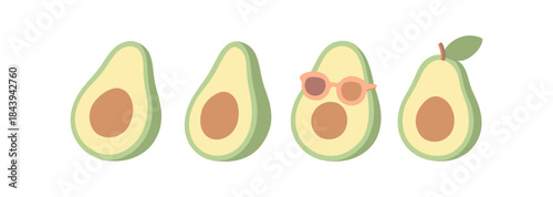 Cute avocado halves in flat style with sunglasses and leaf variations