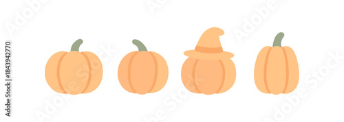Colorful flat pumpkins and witch hat for autumn and halloween decor