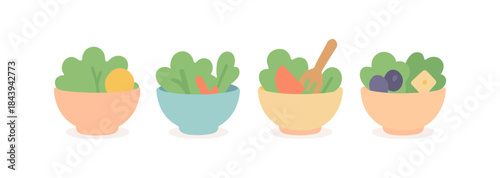 Colorful bowls of fresh salad with vegetables in flat style