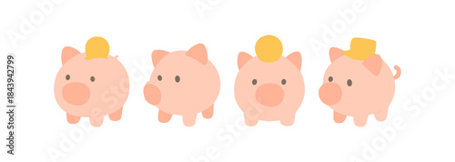 Cute piggy bank characters with hats in minimalistic style