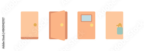 Flat style door icons set: closed, open, window, and locked variants