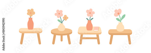 Pastel floral arrangements on wooden tables with minimalist style