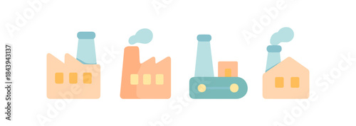 Flat design industrial factory icons set with smoke stacks and buildings