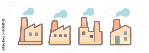 Industrial buildings set with smoke clouds in soft color palette